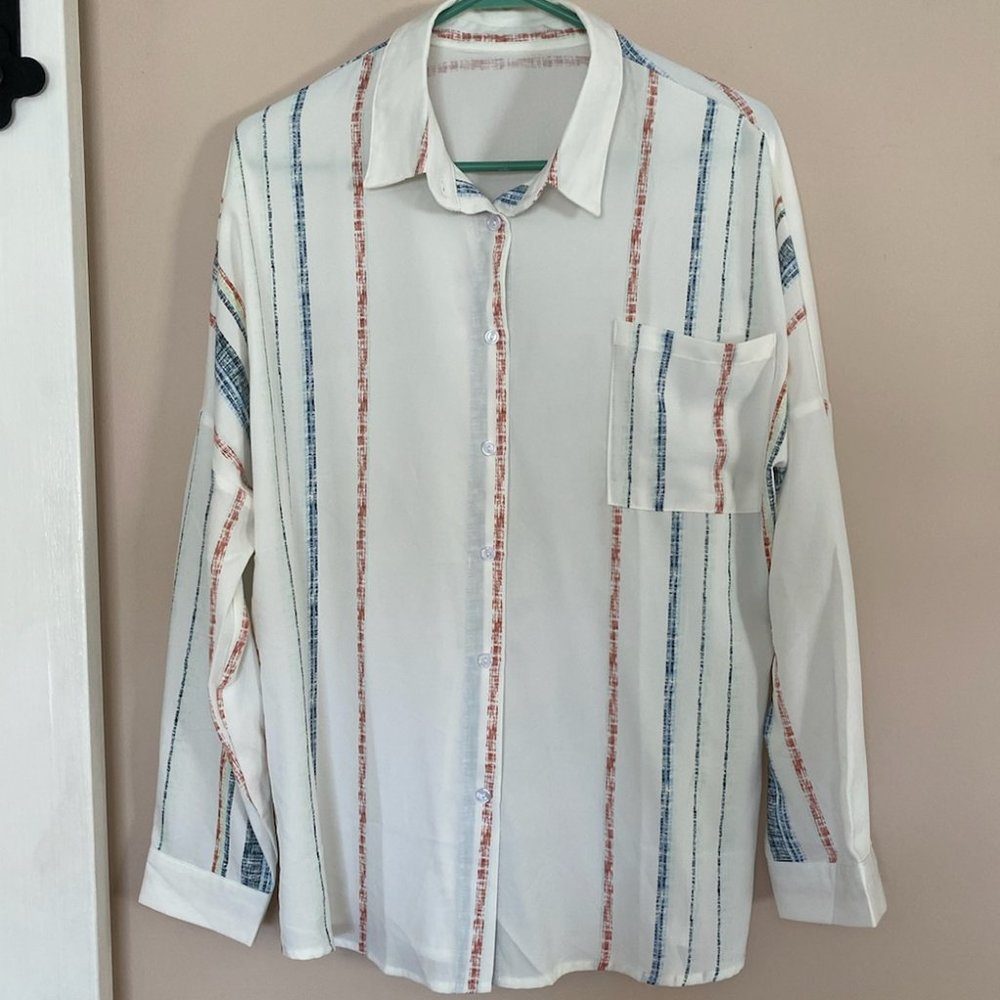 Lightweight Silky White Blouse with blue and red Size Large